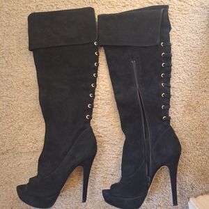 Chic Black Over the Knee Boots with Gold Accents